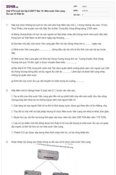 Giải VTH Lịch Sử lớp 6 KNTT Bài 14: Nhà nước Văn Lang - Âu Lạc có đáp án