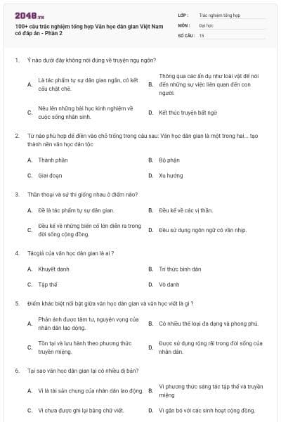 100+ câu trắc nghiệm tổng hợp Văn học dân gian Việt Nam có đáp án - Phần 2