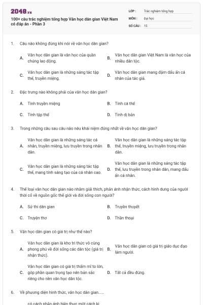 100+ câu trắc nghiệm tổng hợp Văn học dân gian Việt Nam có đáp án - Phần 3