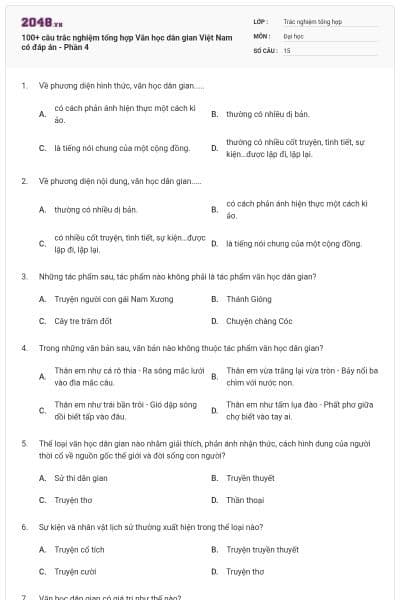 100+ câu trắc nghiệm tổng hợp Văn học dân gian Việt Nam có đáp án - Phần 4