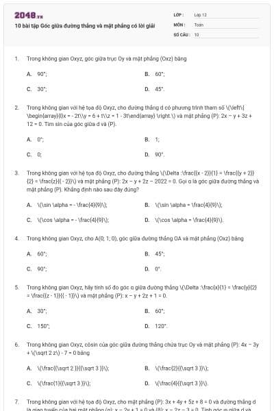 10 bài tập Góc giữa đường thẳng và mặt phẳng có lời giải