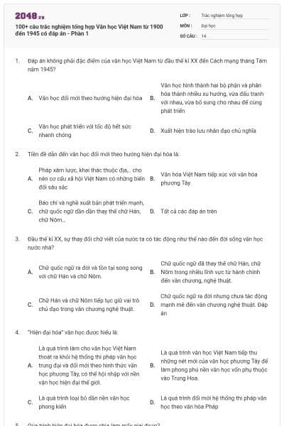 100+ câu trắc nghiệm tổng hợp Văn học Việt Nam từ 1900 đến 1945 có đáp án - Phần 1