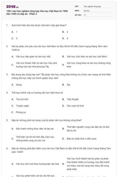 100+ câu trắc nghiệm tổng hợp Văn học Việt Nam từ 1900 đến 1945 có đáp án - Phần 2