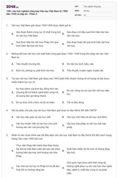 100+ câu trắc nghiệm tổng hợp Văn học Việt Nam từ 1900 đến 1945 có đáp án - Phần 3