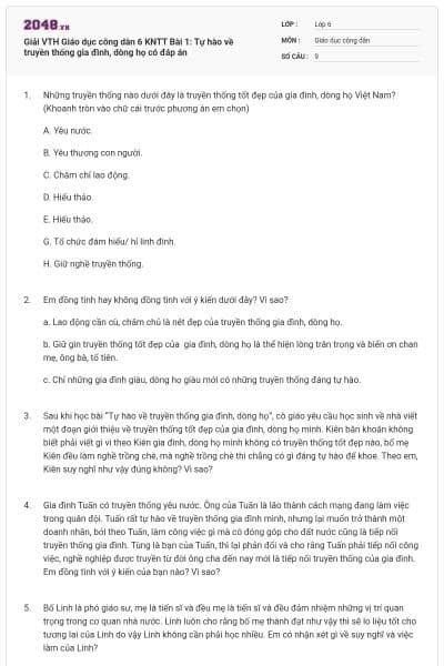 Giải VTH Giáo dục công dân 6 KNTT Bài 1: Tự hào về truyền thống gia đình, dòng họ có đáp án