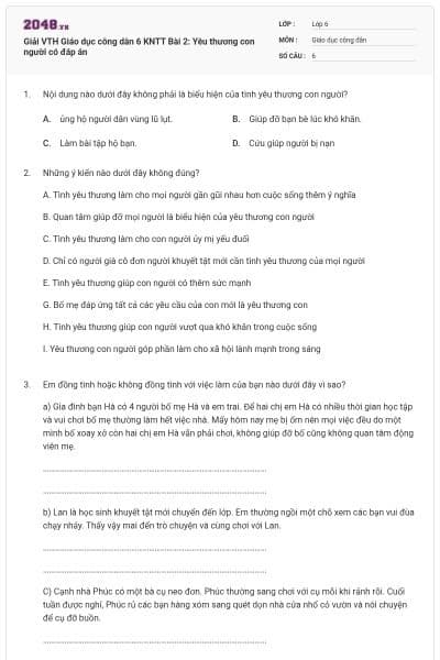 Giải VTH Giáo dục công dân 6 KNTT Bài 2: Yêu thương con người có đáp án