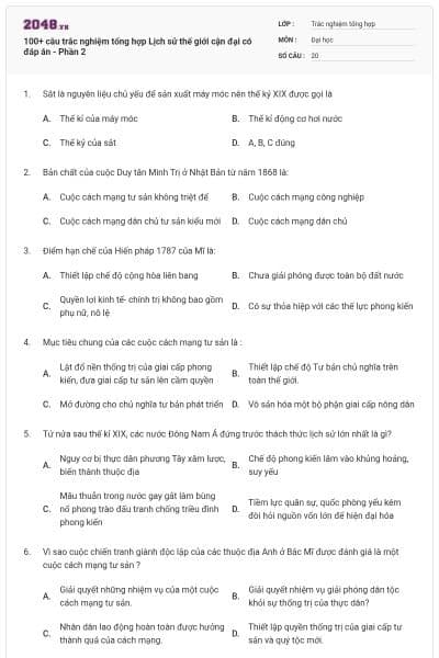 100+ câu trắc nghiệm tổng hợp Lịch sử thế giới cận đại có đáp án - Phần 2