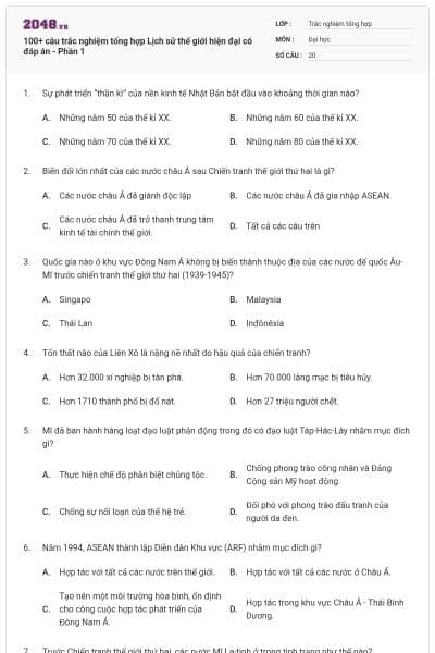 100+ câu trắc nghiệm tổng hợp Lịch sử thế giới hiện đại có đáp án - Phần 1
