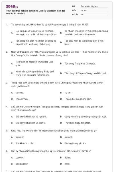 100+ câu trắc nghiệm tổng hợp Lịch sử Việt Nam hiện đại có đáp án - Phần 1