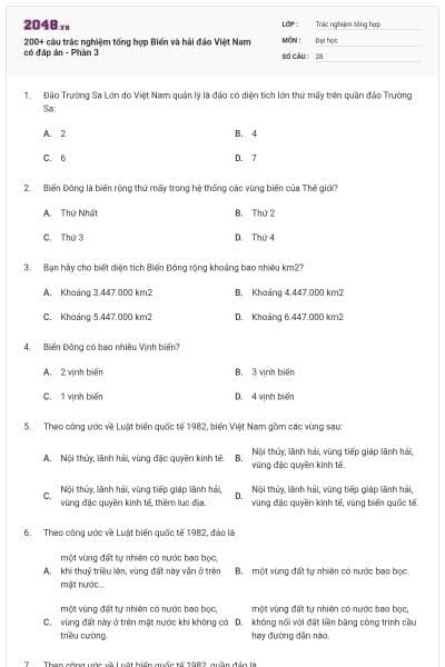 200+ câu trắc nghiệm tổng hợp Biển và hải đảo Việt Nam có đáp án - Phần 3