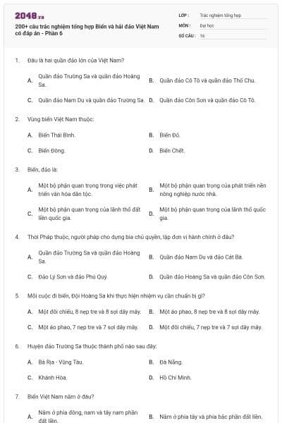 200+ câu trắc nghiệm tổng hợp Biển và hải đảo Việt Nam có đáp án - Phần 6