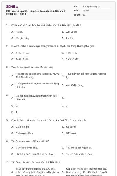 200+ câu trắc nghiệm tổng hợp Các cuộc phát kiến địa lí có đáp án - Phần 3