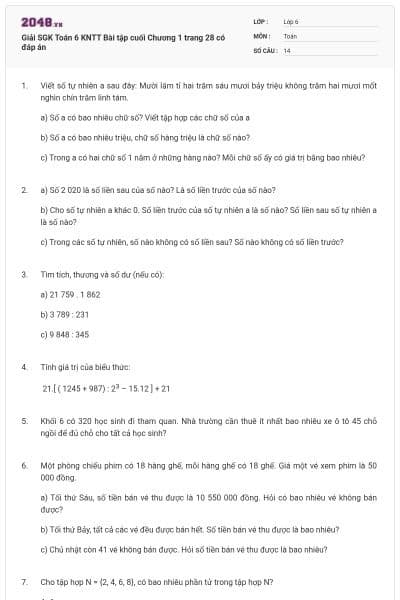 Giải SGK Toán 6 KNTT Bài tập cuối Chương 1 trang 28 có đáp án