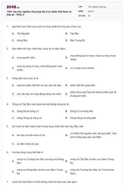 100+ câu trắc nghiệm tổng hợp Địa lí tự nhiên Việt Nam có đáp án - Phần 2