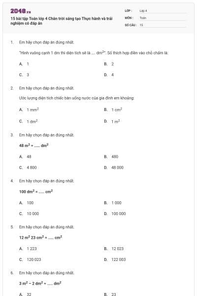 15 bài tập Toán lớp 4 Chân trời sáng tạo Thực hành và trải nghiệm có đáp án