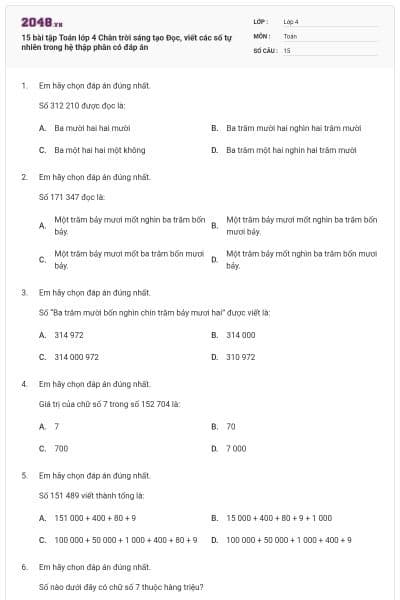 15 bài tập Toán lớp 4 Chân trời sáng tạo Đọc, viết các số tự nhiên trong hệ thập phân có đáp án