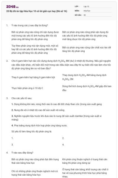 20 Bộ đề ôn tập Hóa Học 10 có lời giải cực hay (Đề số 16)
