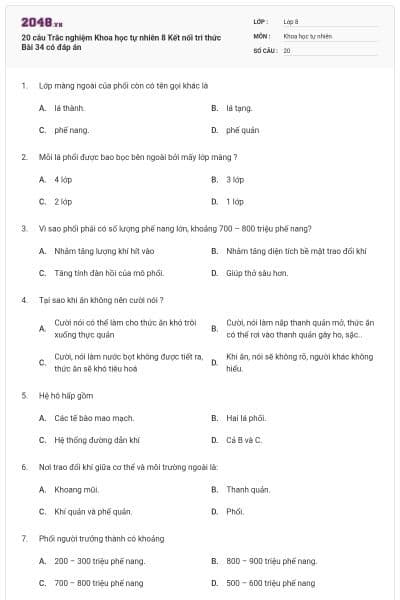 20 câu Trắc nghiệm Khoa học tự nhiên 8 Kết nối tri thức Bài 34 có đáp án