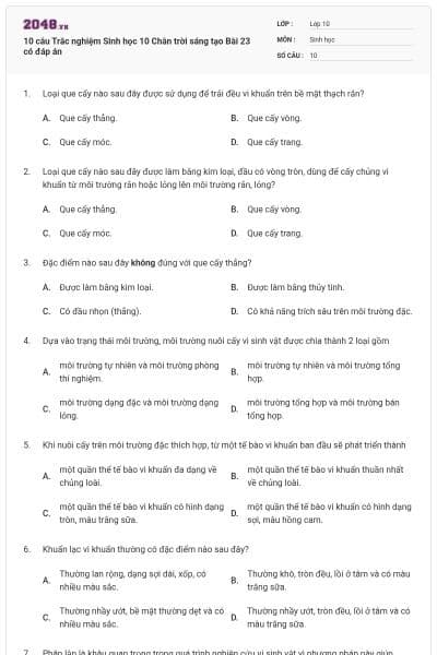 10 câu Trắc nghiệm Sinh học 10 Chân trời sáng tạo Bài 23 có đáp án