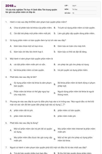 10 câu trắc nghiệm Tin học 4 Cánh diều Tôn trọng quyền tác giả của phần mềm có đáp án