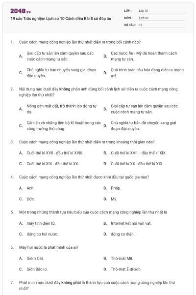 19 câu Trắc nghiệm Lịch sử 10 Cánh diều Bài 8 có đáp án