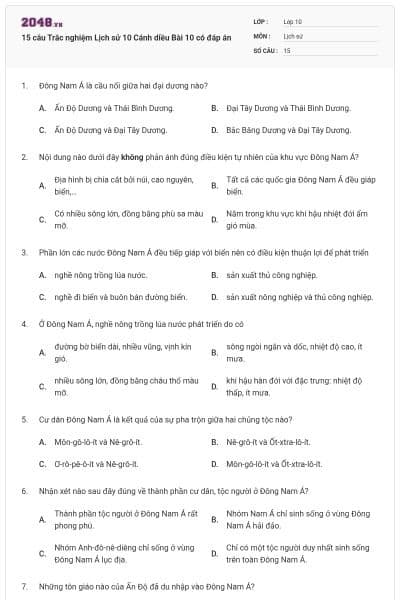 15 câu Trắc nghiệm Lịch sử 10 Cánh diều Bài 10 có đáp án