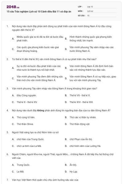 15 câu Trắc nghiệm Lịch sử 10 Cánh diều Bài 11 có đáp án