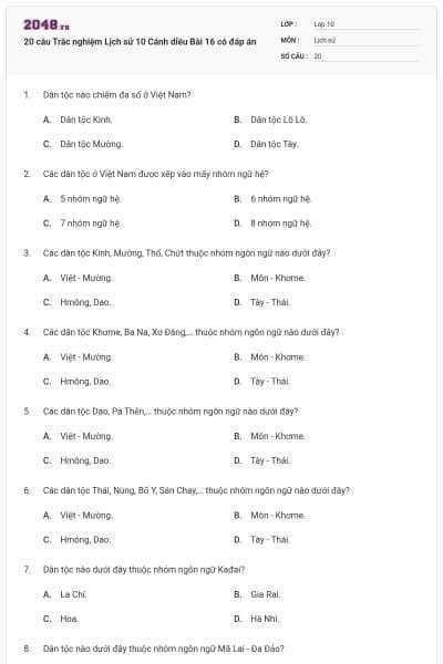 20 câu Trắc nghiệm Lịch sử 10 Cánh diều Bài 16 có đáp án