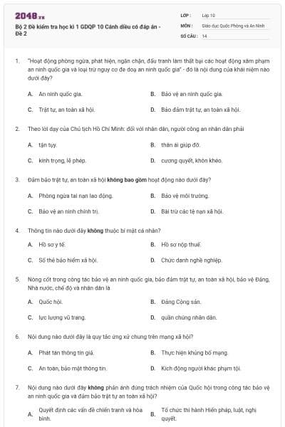 Bộ 2 Đề kiểm tra học kì 1 GDQP 10 Cánh diều có đáp án - Đề 2
