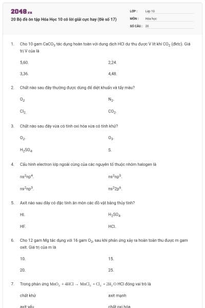 20 Bộ đề ôn tập Hóa Học 10 có lời giải cực hay (Đề số 17)