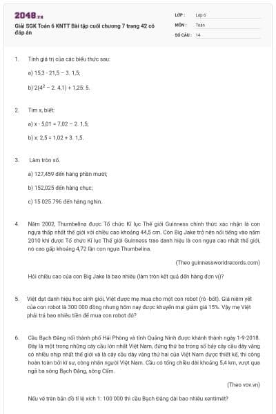 Giải SGK Toán 6 KNTT Bài tập cuối chương 7 trang 42 có đáp án