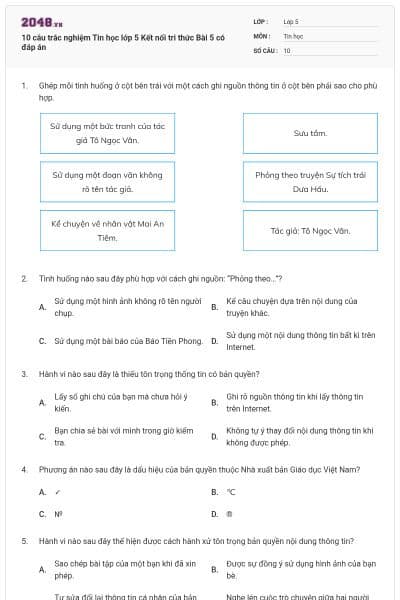 10 câu trắc nghiệm Tin học lớp 5 Kết nối tri thức Bài 5 có đáp án