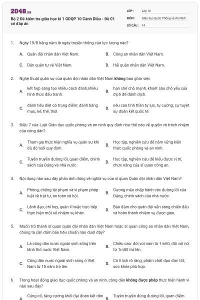 Bộ 2 Đề kiểm tra giữa học kì 1 GDQP 10 Cánh Diều - Đề 01 có đáp án