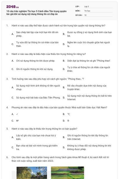 10 câu trắc nghiệm Tin học 5 Cánh diều Tôn trọng quyền tác giả khi sử dụng nội dung thông tin có đáp án