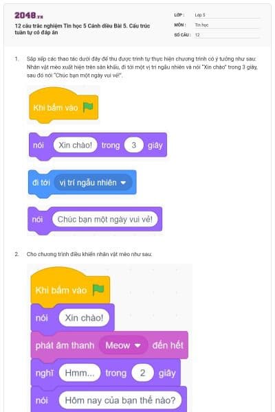 12 câu trắc nghiệm Tin học 5 Cánh diều Bài 5. Cấu trúc tuần tự có đáp án