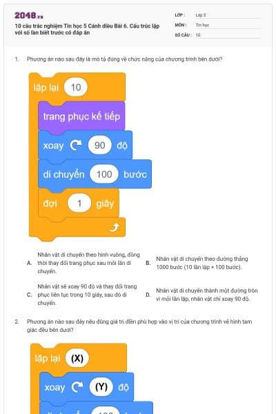 10 câu trắc nghiệm Tin học 5 Cánh diều Bài 6. Cấu trúc lặp với số lần biết trước có đáp án