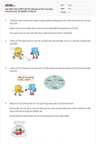 Giải SGK Toán 6 KNTT Bài 42: Kết quả có thể và sự kiện trong trò chơi, thí nghiệm có đáp án