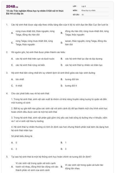 18 câu Trắc nghiệm Khoa học tự nhiên 8 Kết nối tri thức Bài 44 có đáp án