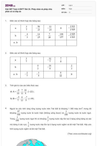 Giải SBT Toán 6 KNTT Bài 26. Phép nhân và phép chia phân số có đáp án