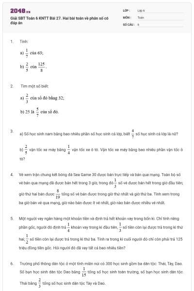 Giải SBT Toán 6 KNTT Bài 27. Hai bài toán về phân số có đáp án