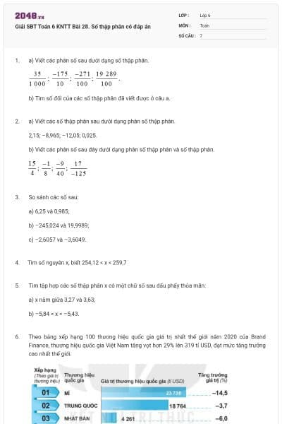 Giải SBT Toán 6 KNTT Bài 28. Số thập phân có đáp án