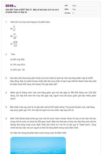 Giải SBT Toán 6 KNTT Bài 31. Một số bài toán về tỉ số và tỉ số phần trăm có đáp án