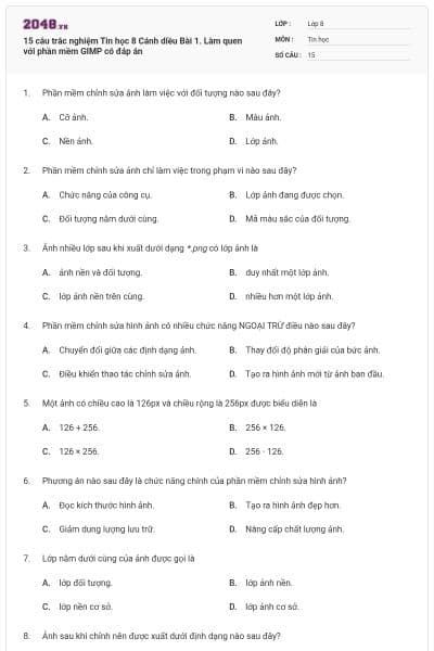 15 câu trắc nghiệm Tin học 8 Cánh diều Bài 1. Làm quen với phần mềm GIMP có đáp án