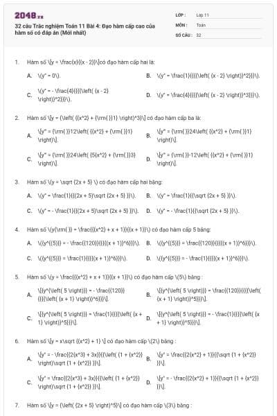 32 câu Trắc nghiệm Toán 11 Bài 4: Đạo hàm cấp cao của hàm số có đáp án (Mới nhất)