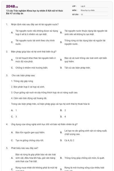 13 câu Trắc nghiệm Khoa học tự nhiên 8 Kết nối tri thức Bài 47 có đáp án