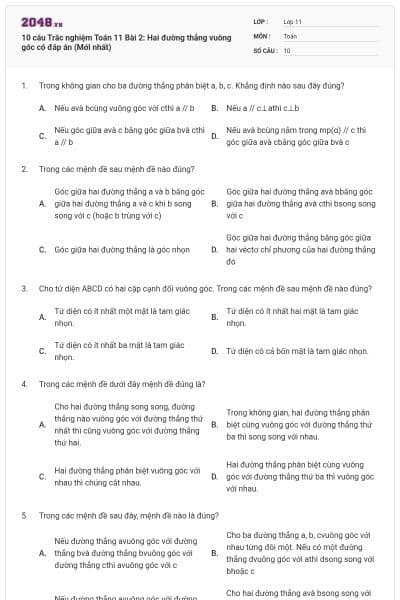 10 câu Trắc nghiệm Toán 11 Bài 2: Hai đường thẳng vuông góc có đáp án (Mới nhất)