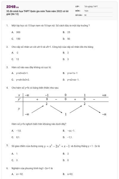 35 đề minh họa THPT Quốc gia môn Toán năm 2022 có lời giải (Đề 12)