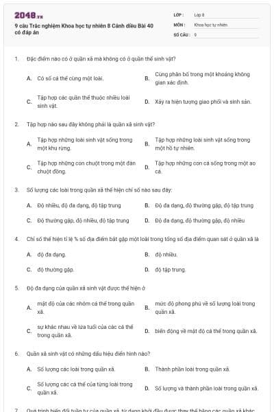 9 câu Trắc nghiệm Khoa học tự nhiên 8 Cánh diều Bài 40 có đáp án