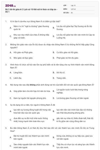 Bộ 2 đề thi giữa kì 2 Lịch sử 10 Kết nối tri thức có đáp án - Đề 1
