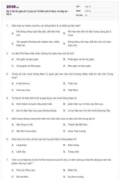 Bộ 2 đề thi giữa kì 2 Lịch sử 10 Kết nối tri thức có đáp án - Đề 2